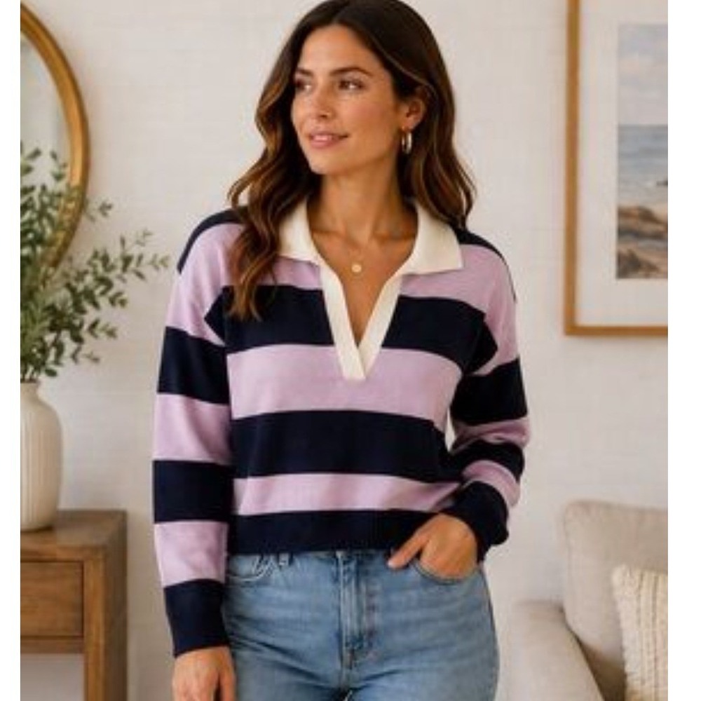 Evereve Micah Rugby Knit Pullover S Purple Navy Stripe Crop Preppy 90s Coastal